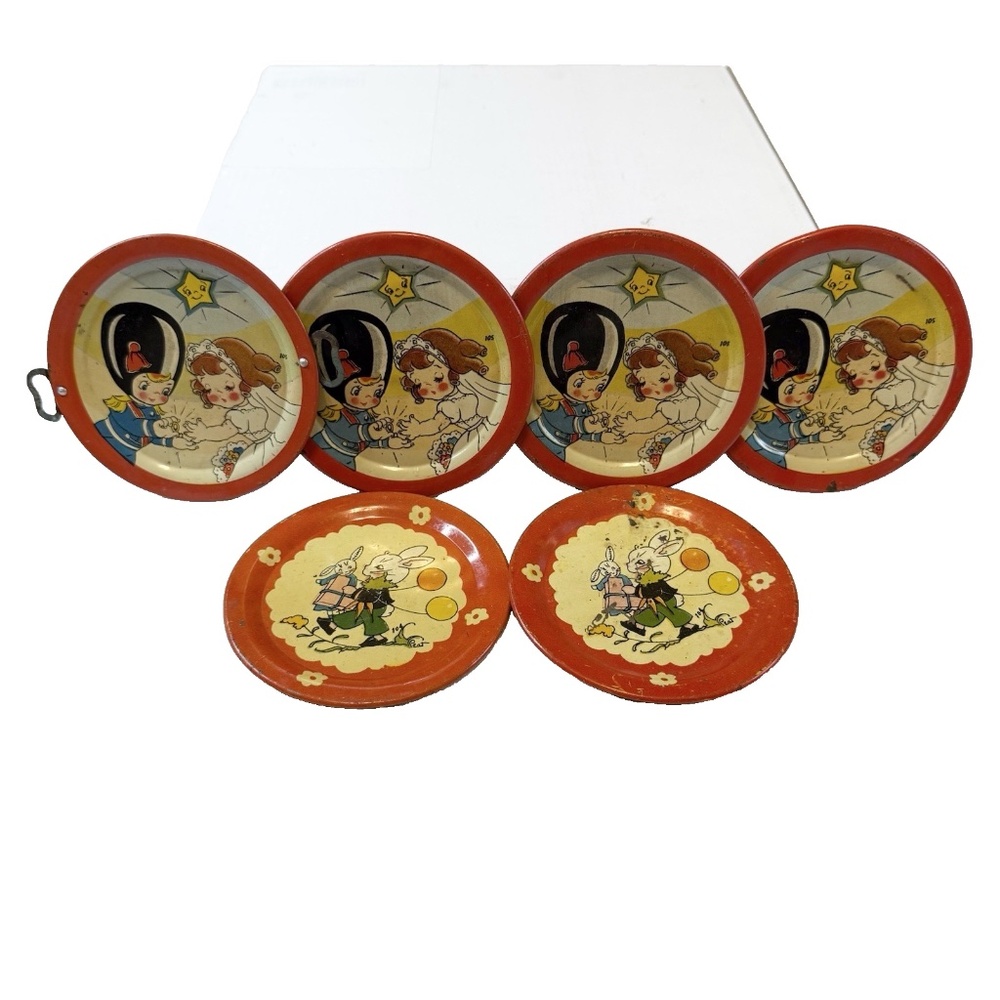 Vintage Ohio Art Tin Litho Toy Plates – Lot of 6 – Bunny & Wedding Couple – 1950